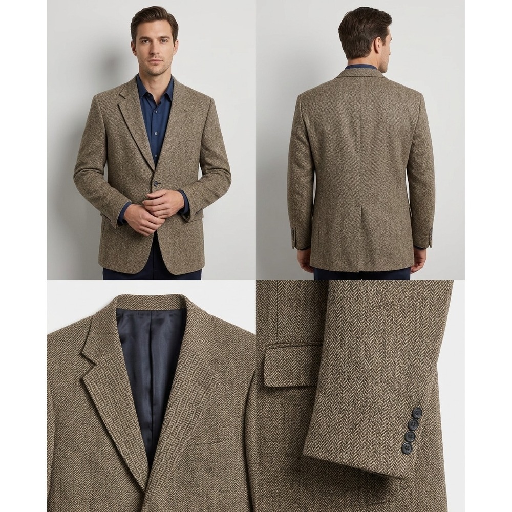 Vintage Nordstrom Blazer Jacket Mens 48R Brown Herringbone Notch-Lapel Lined
